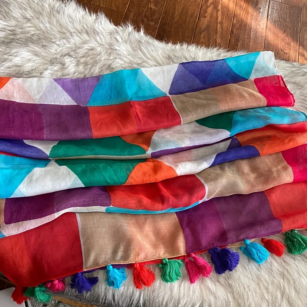 KATE SPADE Pubelo tiles Colorful Geometric Pattern Scarf with Tassels